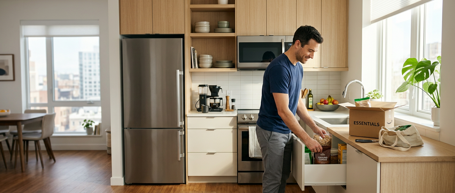 Pessoa organizando uma cozinha prática para morar sozinho